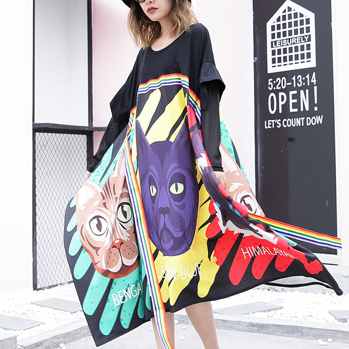 Stylish Black Print Cotton Dress Loose Fitting Patchwork Tulle Cotton Gown Asymmetric Hem Kaftans