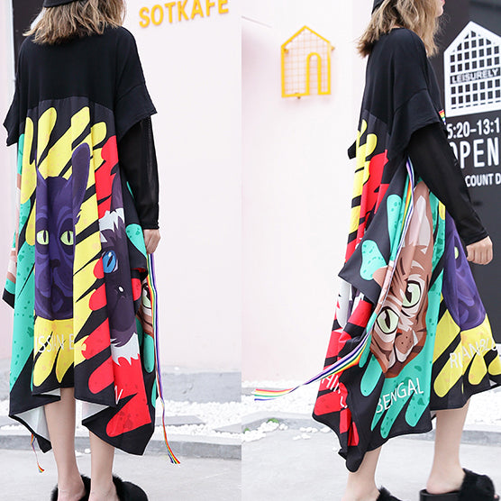 Stylish Black Print Cotton Dress Loose Fitting Patchwork Tulle Cotton Gown Asymmetric Hem Kaftans