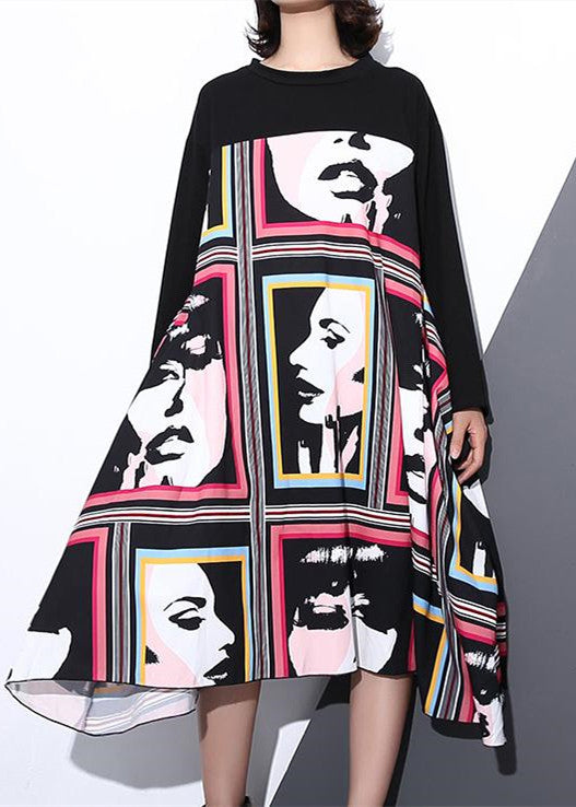 Stylish Black Silk Cotton Blended Dress O Neck Asymmetrical Design Gown Patchwork Baggy Dresses