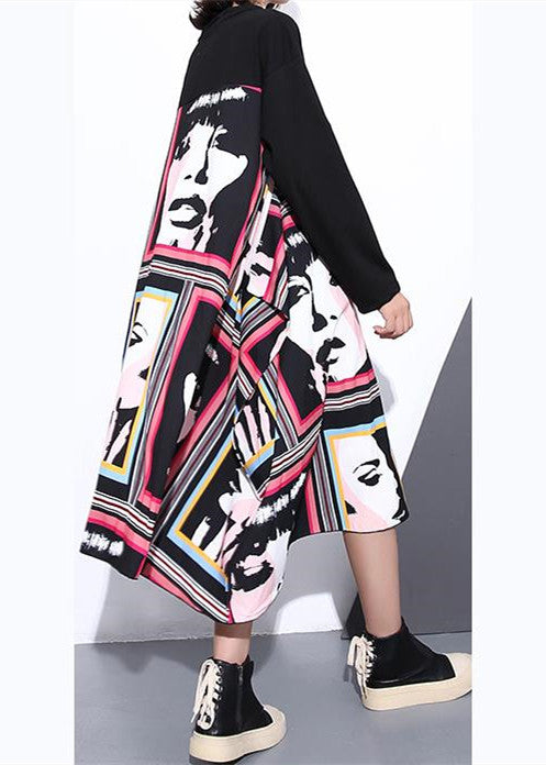 Stylish Black Silk Cotton Blended Dress O Neck Asymmetrical Design Gown Patchwork Baggy Dresses