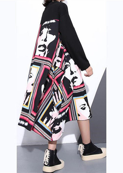 Stylish Black Silk Cotton Blended Dress O Neck Asymmetrical Design Gown Patchwork Baggy Dresses