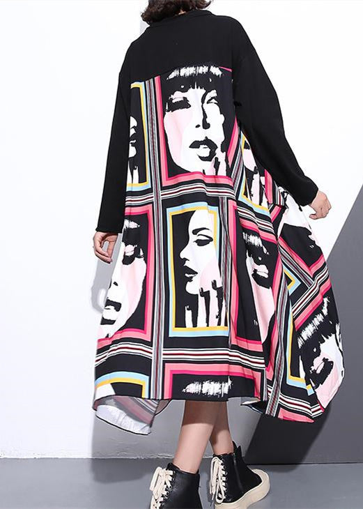 Stylish Black Silk Cotton Blended Dress O Neck Asymmetrical Design Gown Patchwork Baggy Dresses