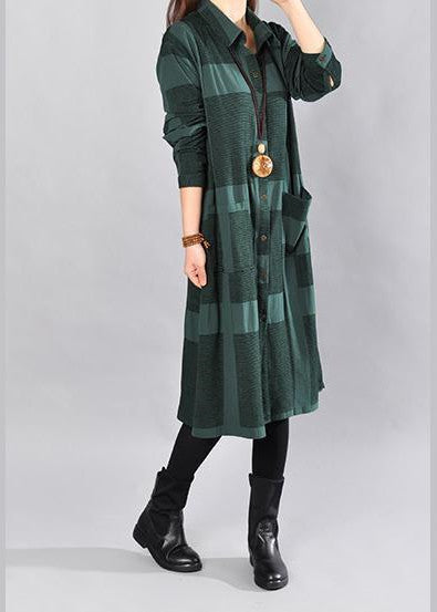Stylish Blackish Green Midi-length Cotton Dress Dress Long Sleeve Plaid Cotton Shirt Dress
