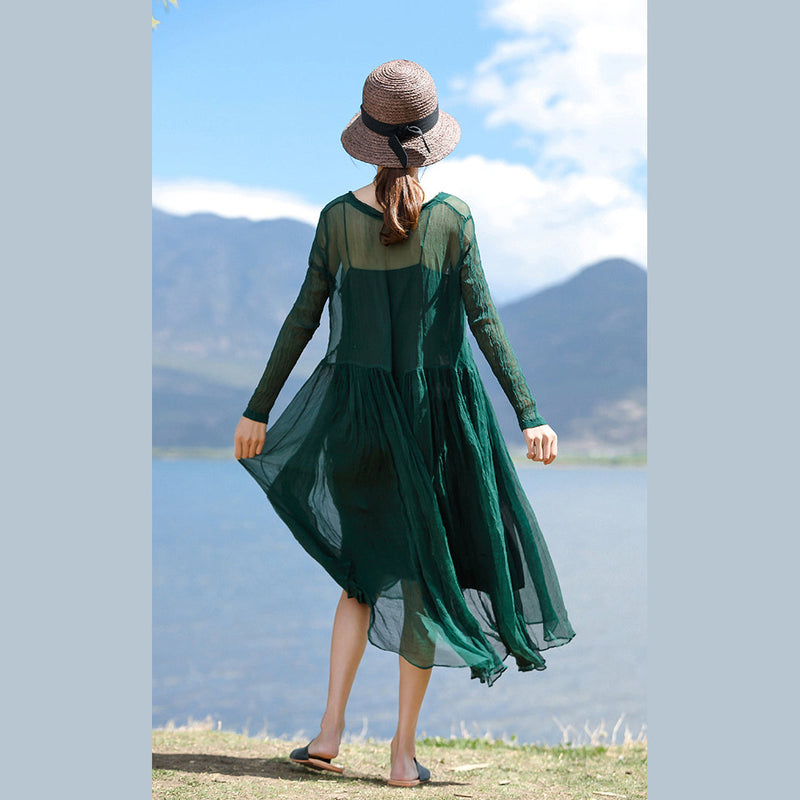 Stylish Blackish Green Silk Caftans V Neck Silk Maxi Dress Boutique Long Sleeve Baggy Dresses Large Hem Long Dresses