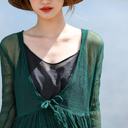 Stylish Blackish Green Silk Caftans V Neck Silk Maxi Dress Boutique Long Sleeve Baggy Dresses Large Hem Long Dresses