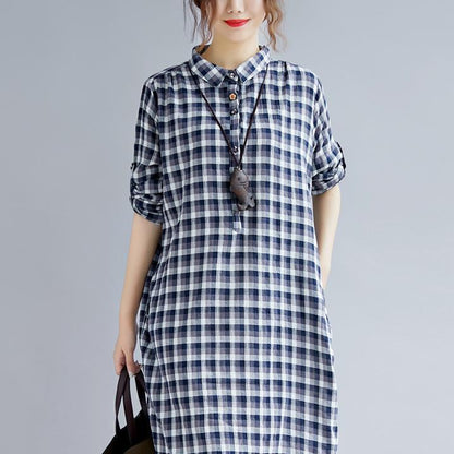 Stylish Blue Plaid Cotton Dresses Clothing Turn-down Collar Traveling Dress Fine Long Sleeve Side Open Maxi Dresses