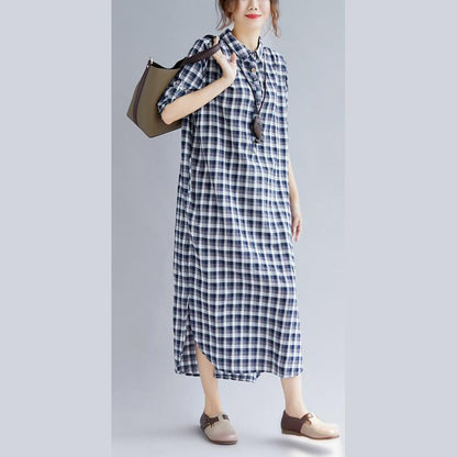 Stylish Blue Plaid Cotton Dresses Clothing Turn-down Collar Traveling Dress Fine Long Sleeve Side Open Maxi Dresses