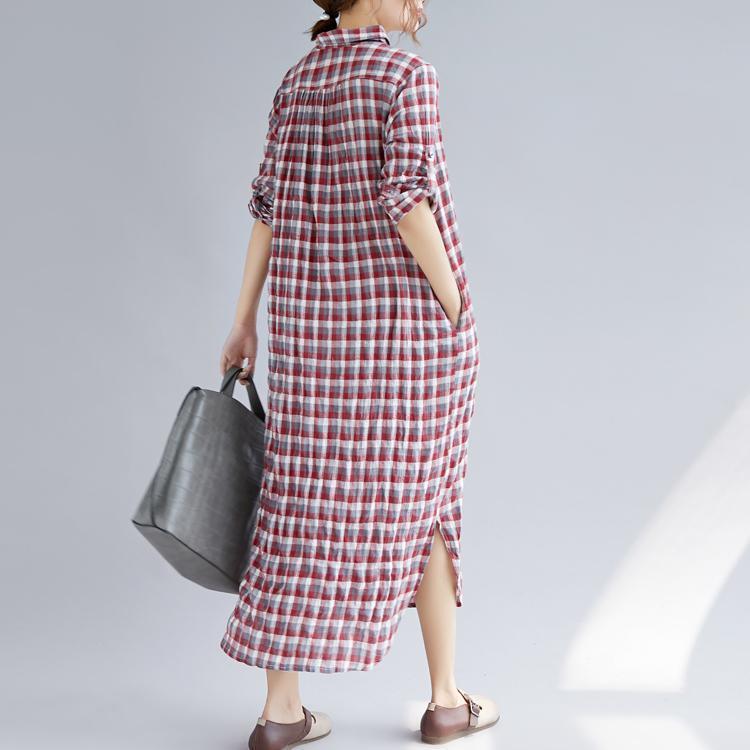 Stylish Blue Plaid Cotton Dresses Clothing Turn-down Collar Traveling Dress Fine Long Sleeve Side Open Maxi Dresses