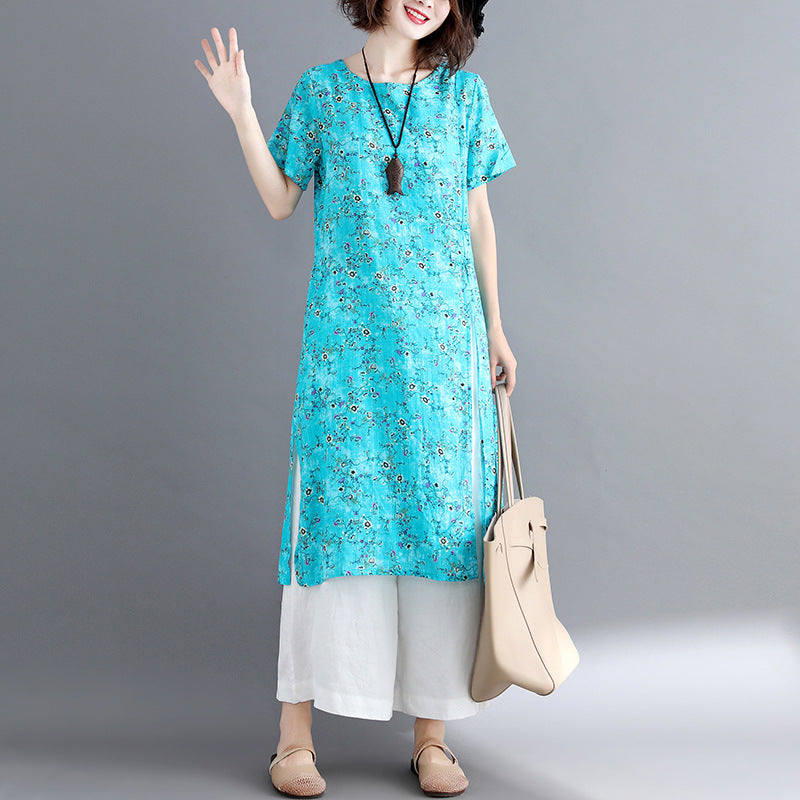 Stylish Blue Cotton Linen Dresses Loose Fitting Short Sleeve Long Cotton Dresses O Neck Traveling Dress