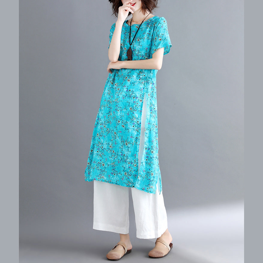 Stylish Blue Cotton Linen Dresses Loose Fitting Short Sleeve Long Cotton Dresses O Neck Traveling Dress