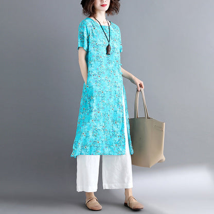 Stylish Blue Cotton Linen Dresses Loose Fitting Short Sleeve Long Cotton Dresses O Neck Traveling Dress