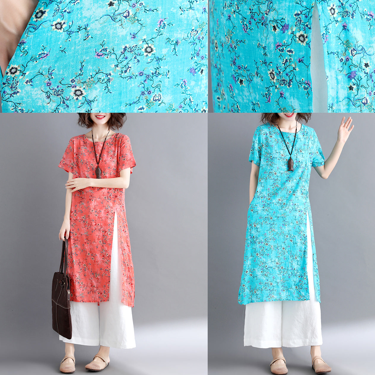 Stylish Blue Cotton Linen Dresses Loose Fitting Short Sleeve Long Cotton Dresses O Neck Traveling Dress