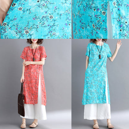Stylish Blue Cotton Linen Dresses Loose Fitting Short Sleeve Long Cotton Dresses O Neck Traveling Dress