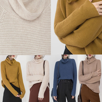 Stylish Blue Cozy Sweater Loose Fitting High Neck Knit Sweat Tops Blouse