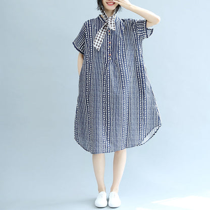 Stylish Blue Midi-length Cotton Dress Clothing Cotton Maxi Dress Fine Short Sleeve Pockets Stand Baggy Dresses