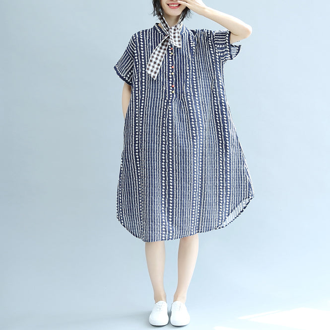 Stylish Blue Midi-length Cotton Dress Clothing Cotton Maxi Dress Fine Short Sleeve Pockets Stand Baggy Dresses