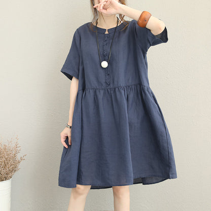 Stylish Blue Linen Dress Oversize Linen Maxi Dress Ruffles O Neck Cotton Dress