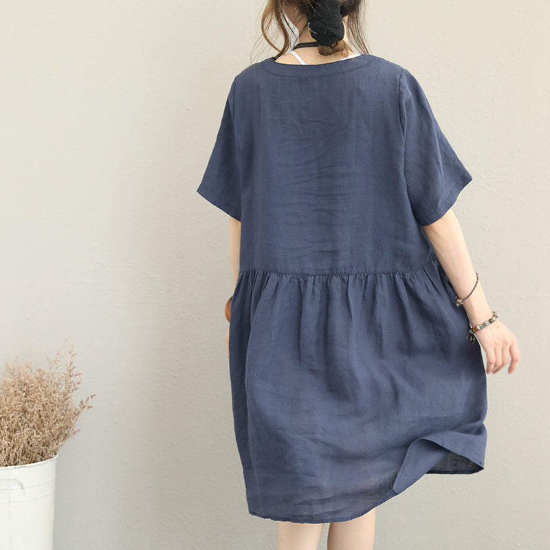Stylish Blue Linen Dress Oversize Linen Maxi Dress Ruffles O Neck Cotton Dress