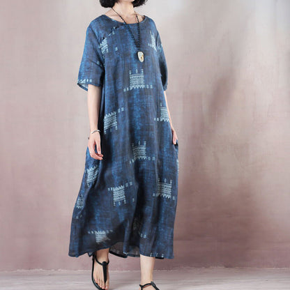 Stylish Blue Linen Dresses O Neck Extra Large Hem Caftans Short Sleeve Baggy Dresses Caftans