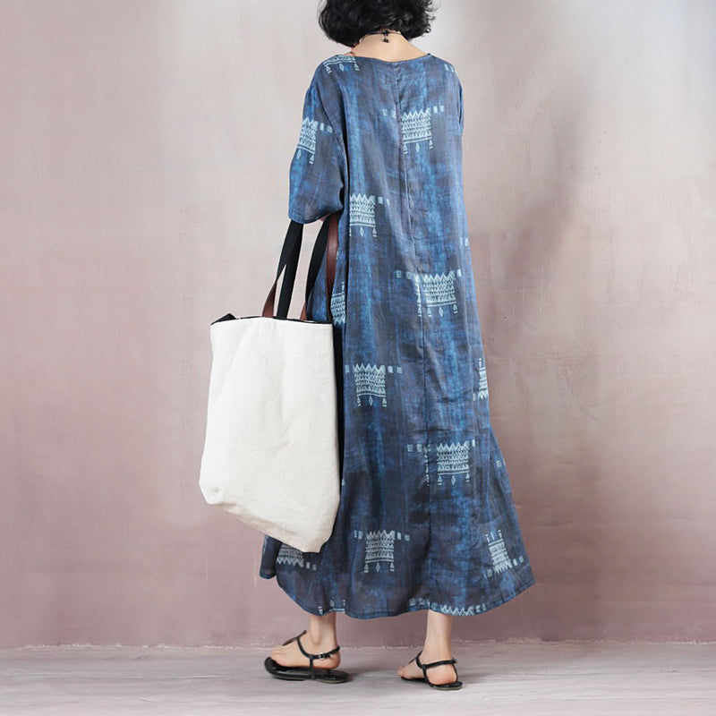 Stylish Blue Linen Dresses O Neck Extra Large Hem Caftans Short Sleeve Baggy Dresses Caftans