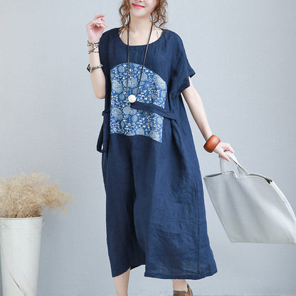 Stylish Blue Linen Shift Dresses Linen Cotton Dress Fine Tie Waist Prints Linen Clothing Dresses