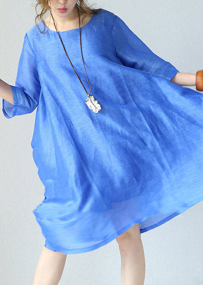 Stylish Blue Natural Silk Dress Loose Fitting Silk Clothing Dress O Neck Half Sleeve Cotton Clothing