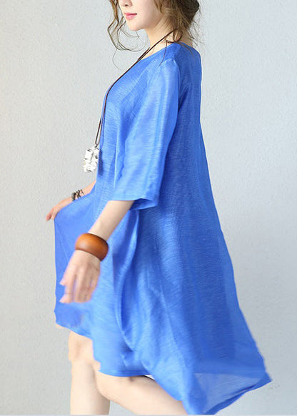 Stylish Blue Natural Silk Dress Loose Fitting Silk Clothing Dress O Neck Half Sleeve Cotton Clothing