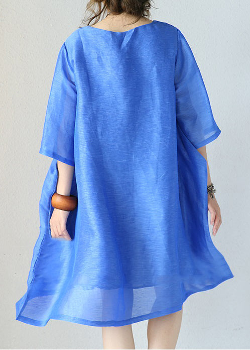 Stylish Blue Natural Silk Dress Loose Fitting Silk Clothing Dress O Neck Half Sleeve Cotton Clothing