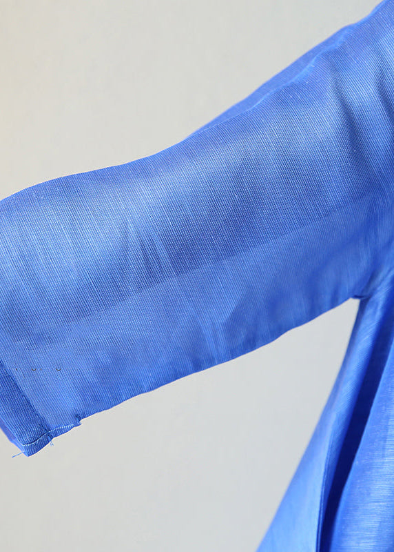 Stylish Blue Natural Silk Dress Loose Fitting Silk Clothing Dress O Neck Half Sleeve Cotton Clothing