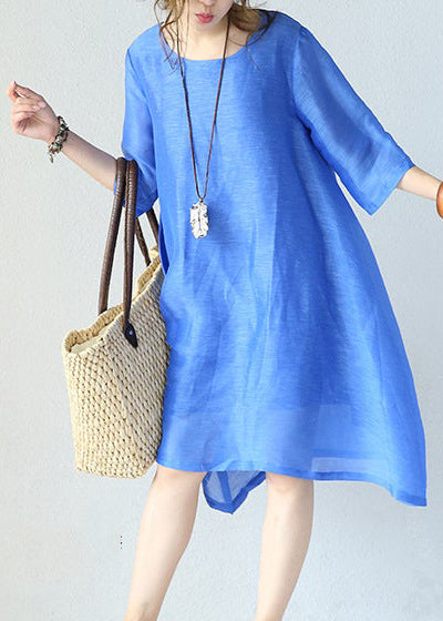Stylish Blue Natural Silk Dress Loose Fitting Silk Clothing Dress O Neck Half Sleeve Cotton Clothing