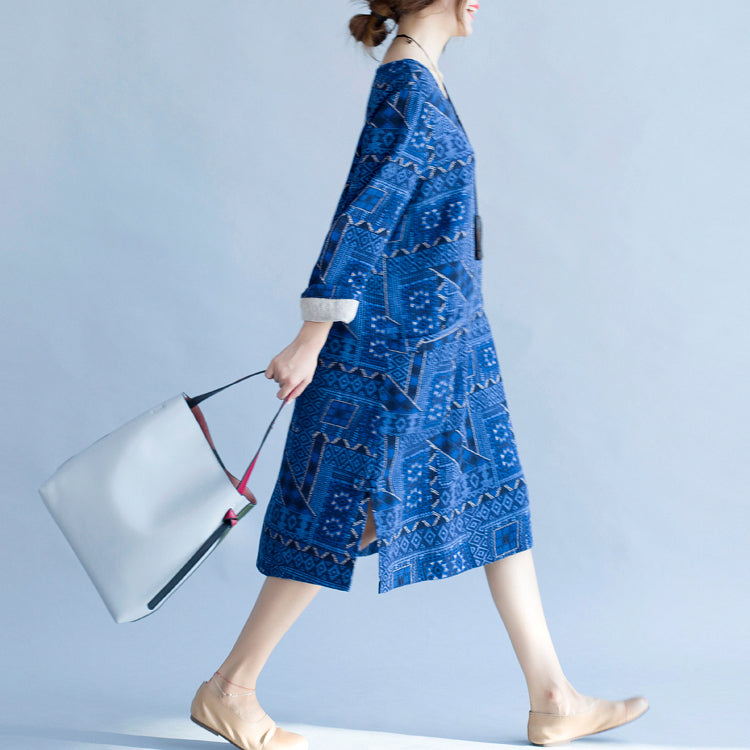 Stylish Blue Print Cotton Dress Holiday Dresses New Long Sleeve Baggy V Neck Side Open Cotton Dress