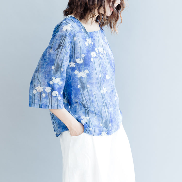 Stylish Blue Print Cotton Linen Vest Loose Fitting Half Sleeve Square Collar Cotton Linen Tops