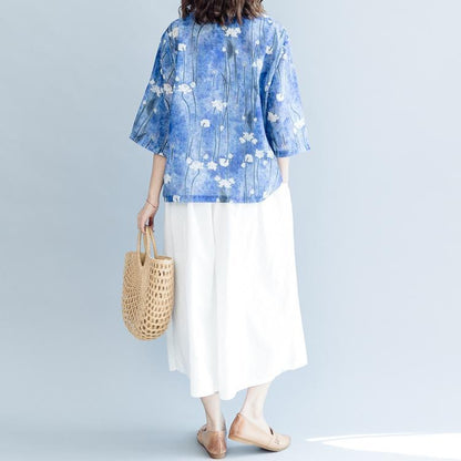 Stylish Blue Print Cotton Linen Vest Loose Fitting Half Sleeve Square Collar Cotton Linen Tops