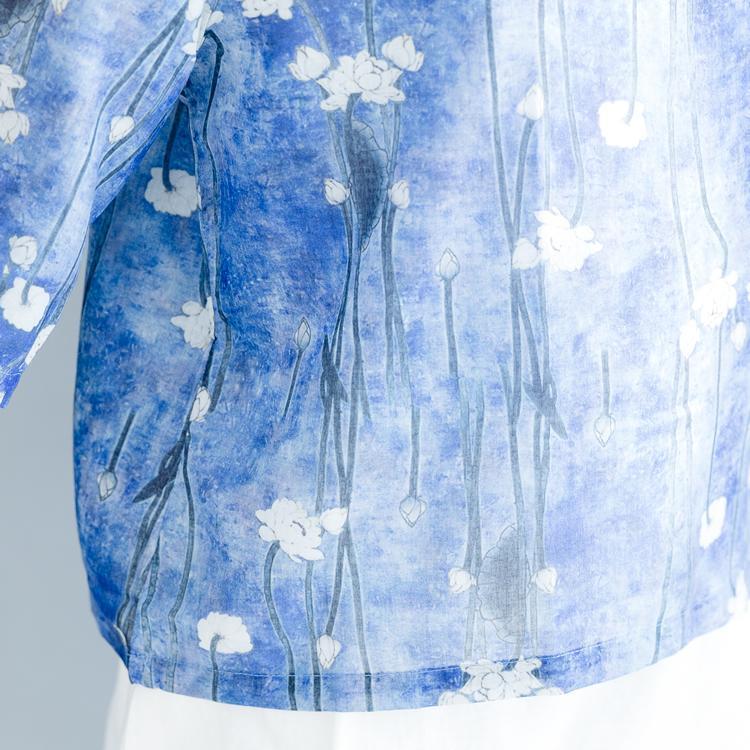 Stylish Blue Print Cotton Linen Vest Loose Fitting Half Sleeve Square Collar Cotton Linen Tops