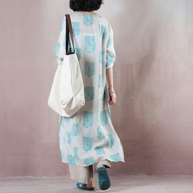 Stylish Blue Print Long Linen Dresses Clothing V Neck Side Open Traveling Dress Fine Half Sleeve Gown