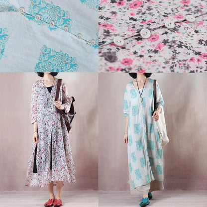 Stylish Blue Print Long Linen Dresses Clothing V Neck Side Open Traveling Dress Fine Half Sleeve Gown