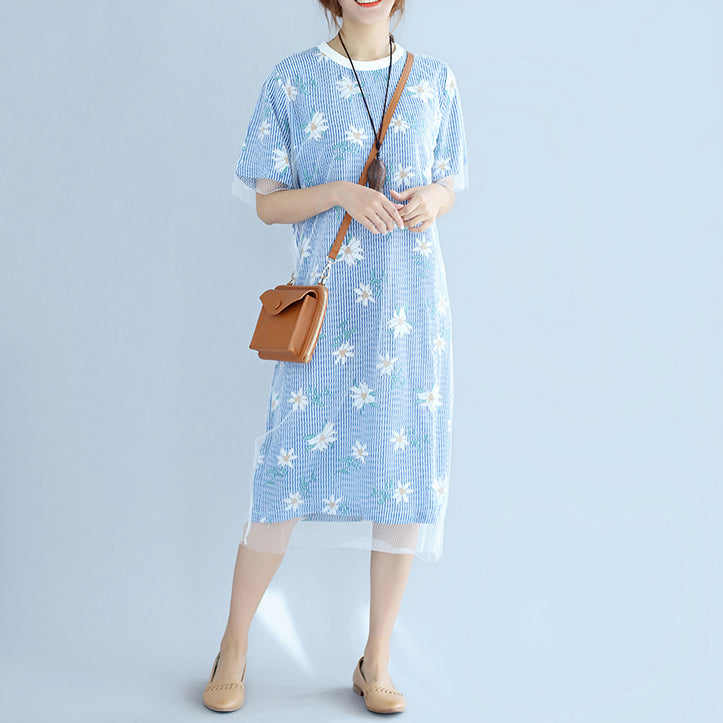 Stylish Blue Striped Cotton Dresses Oversized Cotton Clothing Dress Short Sleeve Prints Cotton Dress