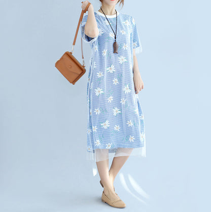 Stylish Blue Striped Cotton Dresses Oversized Cotton Clothing Dress Short Sleeve Prints Cotton Dress