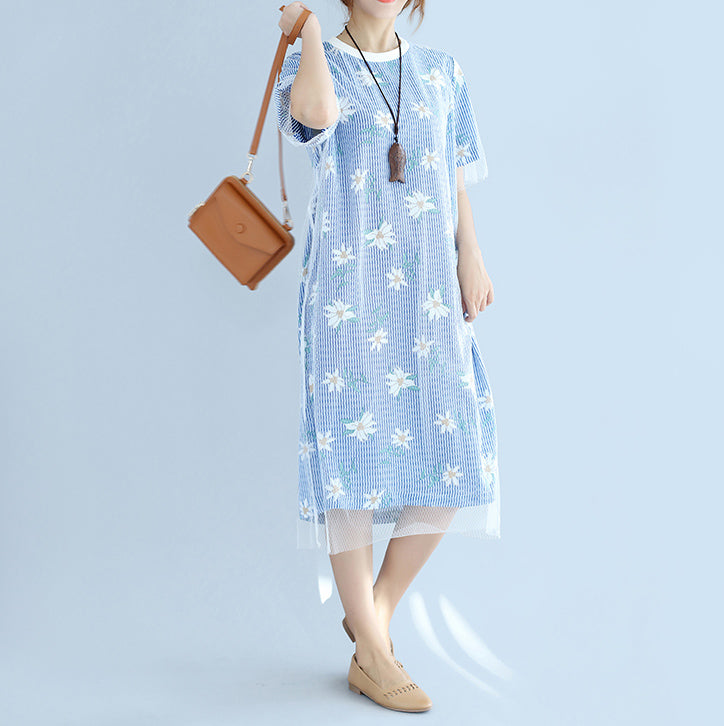 Stylish Blue Striped Cotton Dresses Oversized Cotton Clothing Dress Short Sleeve Prints Cotton Dress