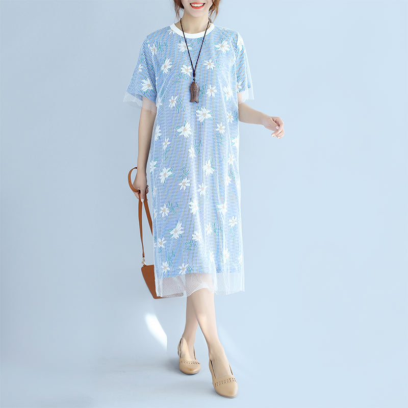 Stylish Blue Striped Cotton Dresses Oversized Cotton Clothing Dress Short Sleeve Prints Cotton Dress