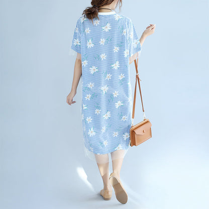 Stylish Blue Striped Cotton Dresses Oversized Cotton Clothing Dress Short Sleeve Prints Cotton Dress