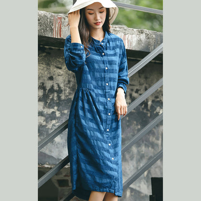 Stylish Blue Striped Oversized Dress Pockets Fine Stand Collar Natural Linen Dress