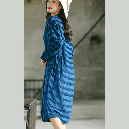 Stylish Blue Striped Oversized Dress Pockets Fine Stand Collar Natural Linen Dress