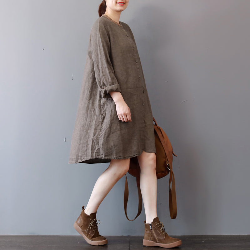 Stylish Chocolate Linen Shirt Dress Traveling Clothing Long Sleeve O Neck Dresses