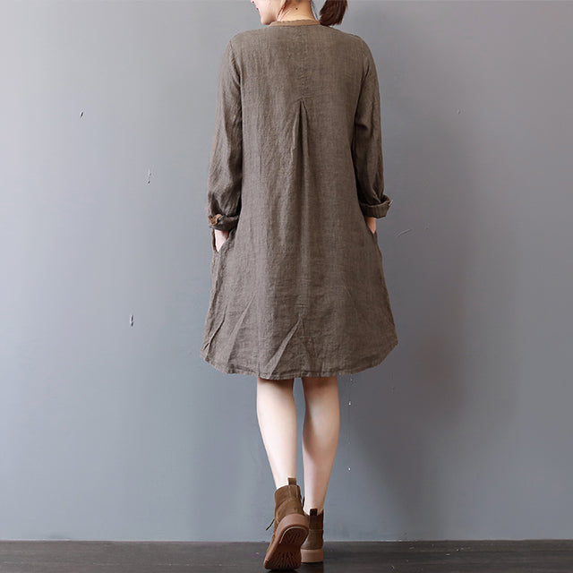 Stylish Chocolate Linen Shirt Dress Traveling Clothing Long Sleeve O Neck Dresses