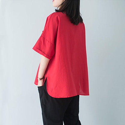 Stylish Cotton Blouse Polo Collar Single Breasted 12 Sleeve Red Blouse