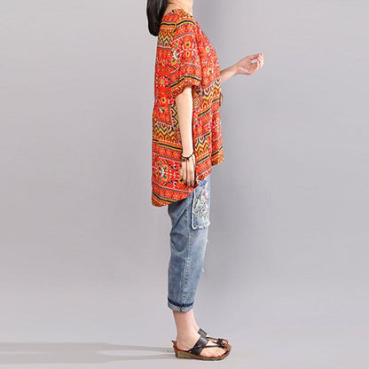 Stylish Cotton Blouses Loose Fitting Printed Summer Pullover Loose Cotton Tops