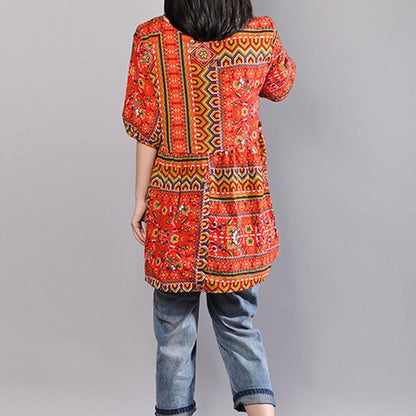 Stylish Cotton Blouses Loose Fitting Printed Summer Pullover Loose Cotton Tops