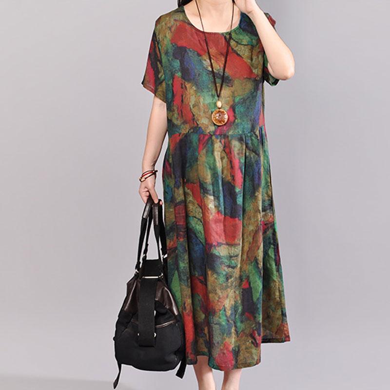 Stylish Cotton Caftans Oversize Short Sleeve Printed Summer Round Neck Cotton Dress