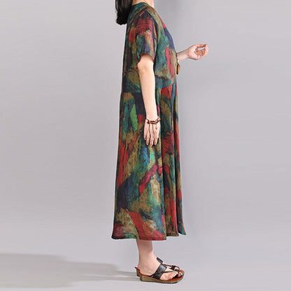 Stylish Cotton Caftans Oversize Short Sleeve Printed Summer Round Neck Cotton Dress
